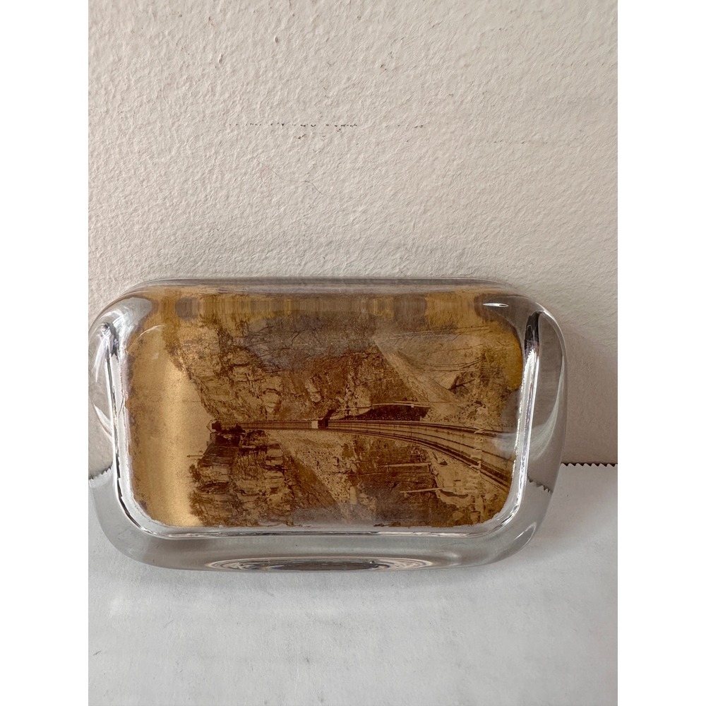 Vintage Glass Paperweight Train Mountain Pass Sepia Photo Art Glass Rectangular